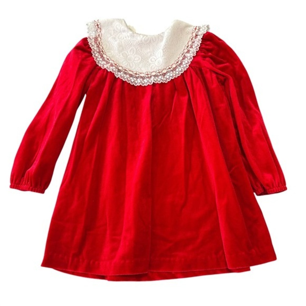 Vintage Sears Red Velvet Girls Dress Lace Collar Christmas Prairie Size‎ 6X USA